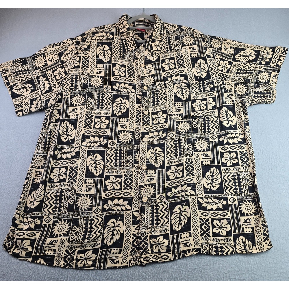 Junction West XXL Hawaiian Camp Shirt Black Beige Tropical Aloha Tribal Coastal